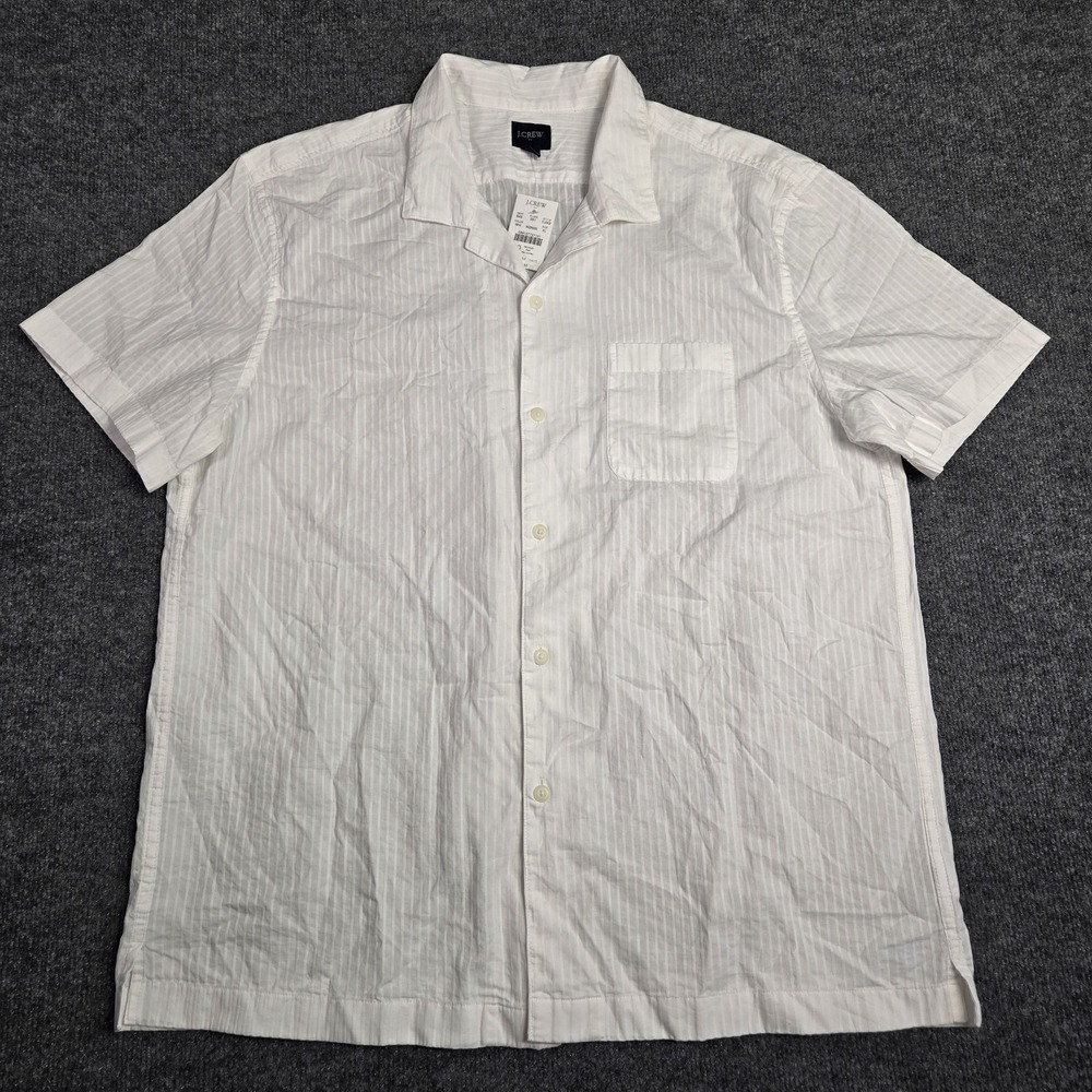 NWT J.Crew Camp Shirt Stripe White Cotton Short Sleeve Preppy Mens Size XL STAIN